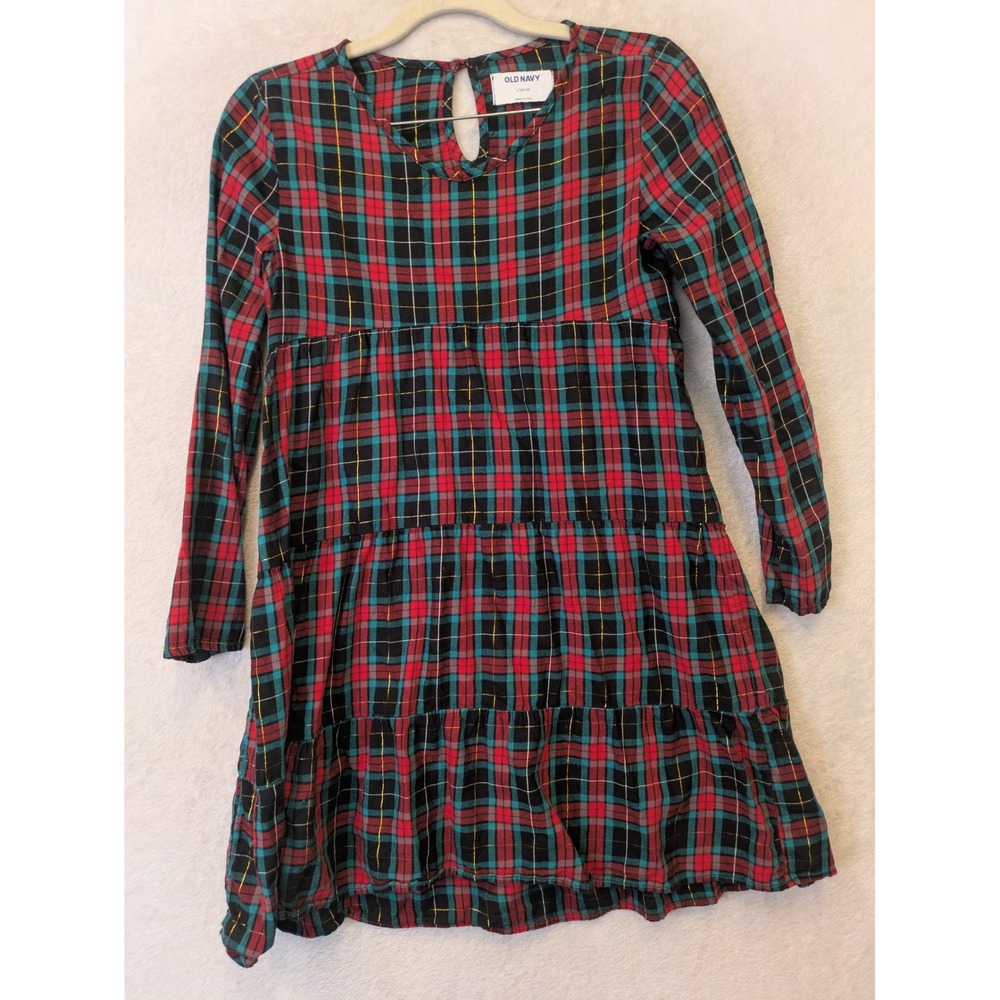 Old Navy Girls Large 10-12 Plaid‎ Tiered Dress Red Green Gold Metallic Holiday